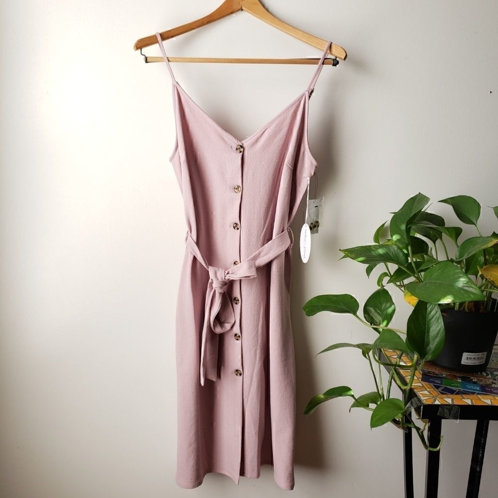 NWT BISHOP+YOUNG pink V neck button down dress